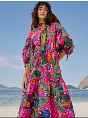 FARM Rio Painted Toucans Tiered Midi Colorful Dress Size Small